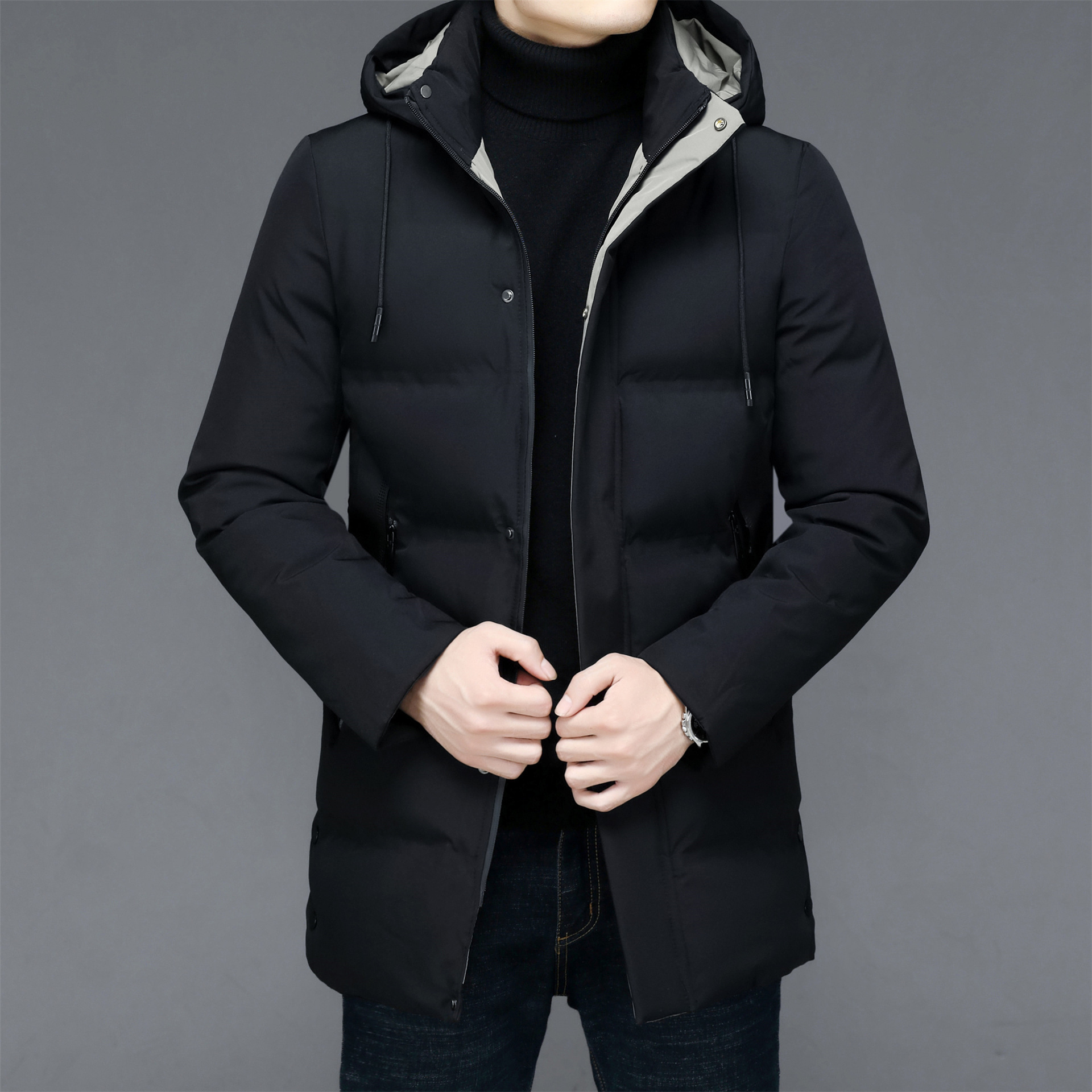 2020新款中年男装加厚保暖棉服纯色时尚冬装可卸帽中长款外套代发