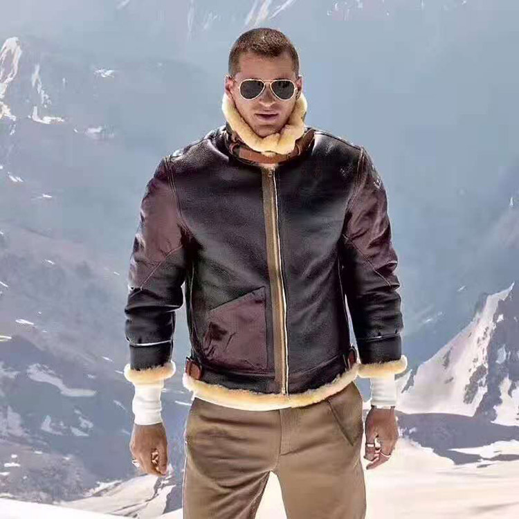 avfly巴顿将军绵羊皮皮毛一体飞行服夹克男拼接 真皮红b3皮衣