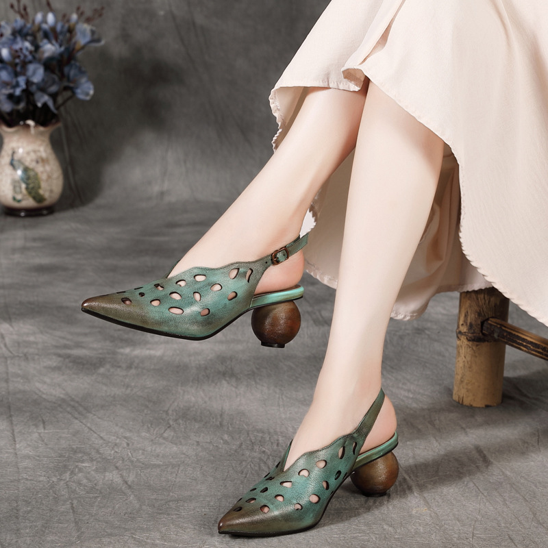 2022创意复古民族风中跟包头凉鞋女镂空牛皮透气舒适尖头夏季女鞋