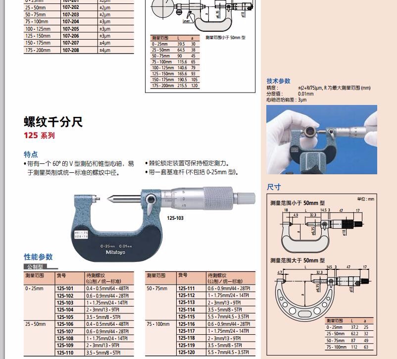 日本mitutoyo三丰量具 三丰螺纹千分尺 125-103