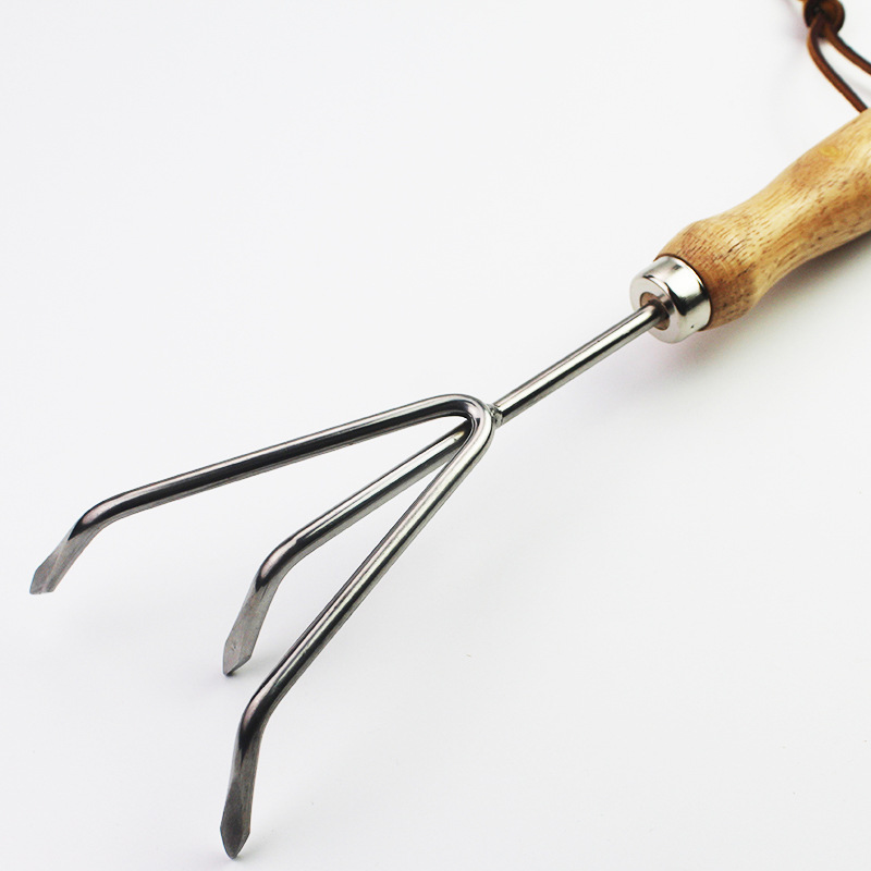 园艺松土三齿耙木柄不锈钢三爪花园家用种花农用除草钉耙园林工具