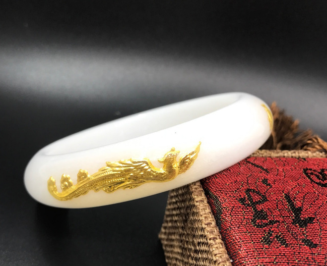 金镶玉手镯 足金龙凤戏珠玉手镯 梅花镶足金手镯旅游区会销礼品