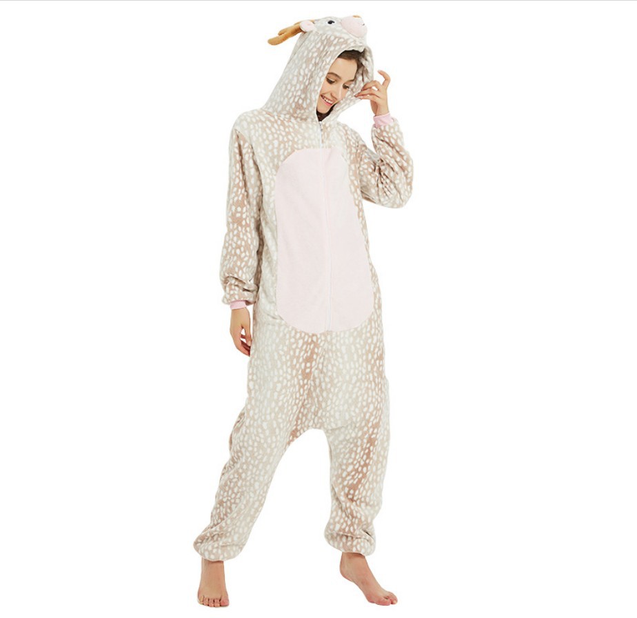 圣诞麋鹿秋冬可爱卡通动物连体睡衣鹿法兰绒男女长颈鹿男女家居服