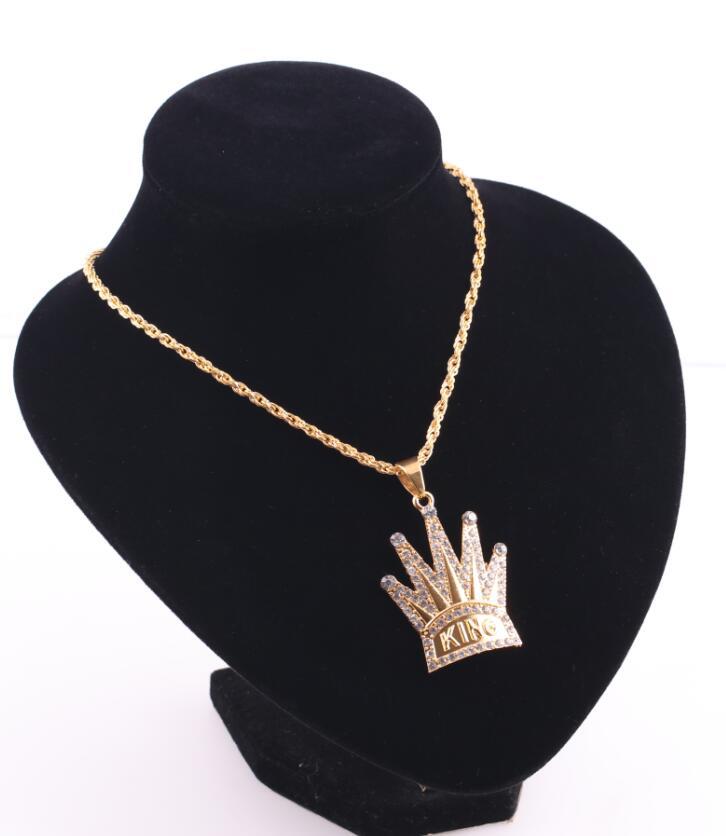 跨境热卖现款皇冠镶钻刻字king项链潮流男士个性嘻哈吊坠厂家批发