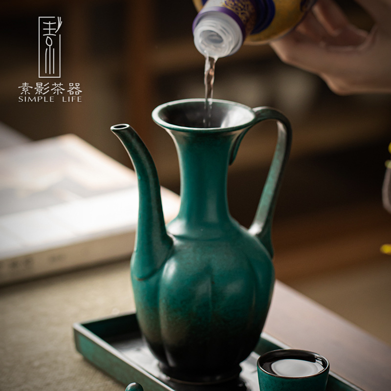 素影松石绿窑变陶瓷酒壶家用酒瓶空瓶日式白酒酒壶烧酒壶酒瓶摆件
