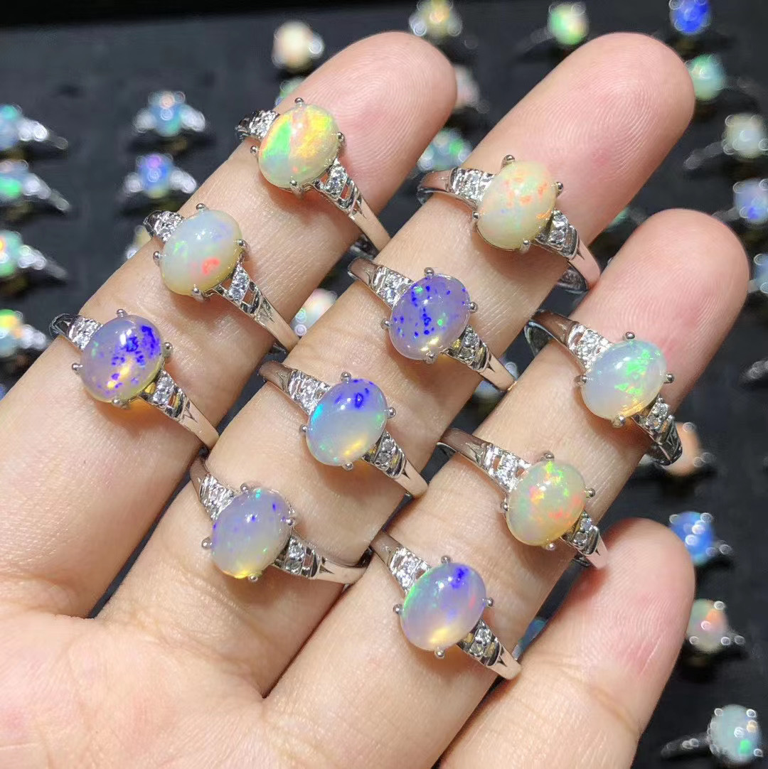 天然欧泊石蛋形戒指 925银镶嵌澳宝蛋白石活口设计时尚女士戒指