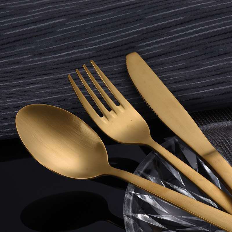 不锈钢拉丝刀叉勺 西式风格高端西餐刀叉勺 四件套装镀金餐具
