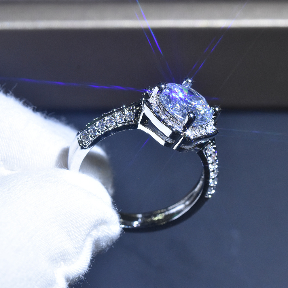 抖音直播爆款镀pt950双臂花朵开口戒指八心八箭仿进口d色莫桑钻戒