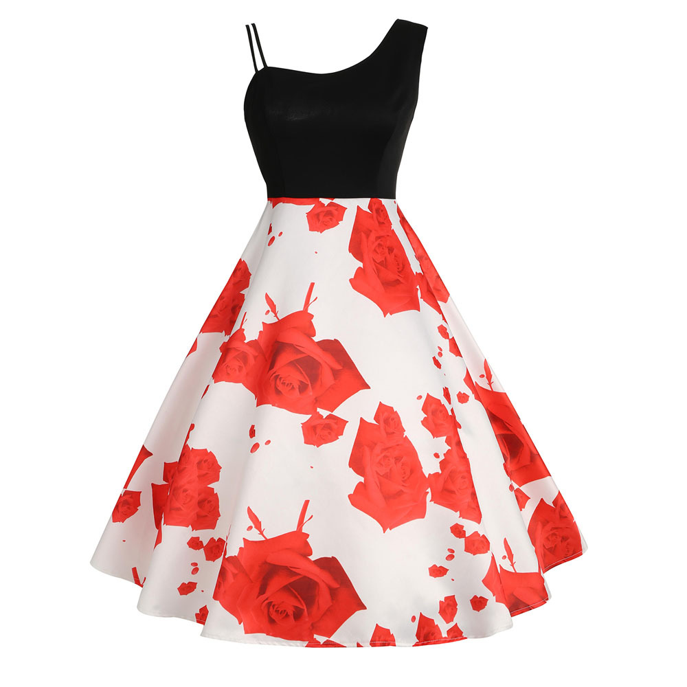 天天爆款跨境专供女装单肩吊带大朵玫瑰花礼服连衣裙314厂家清仓