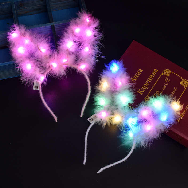 New Luminous Feather Rabbit Ears Hair Hoop Lengthened Glowing Headdress Scenic Spot Stall Night Market Concert Stall Supply