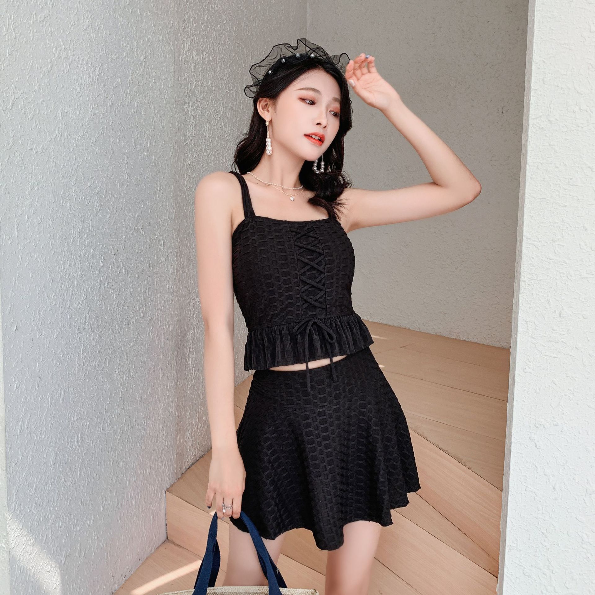 纯色吊带分体泳衣女裙式两件套小清新少女性感裹胸高腰显瘦泡温泉