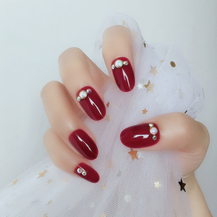 新娘美甲结婚拆卸拍婚纱照酒红镶钻穿戴式孕妇美甲贴片甲片成品