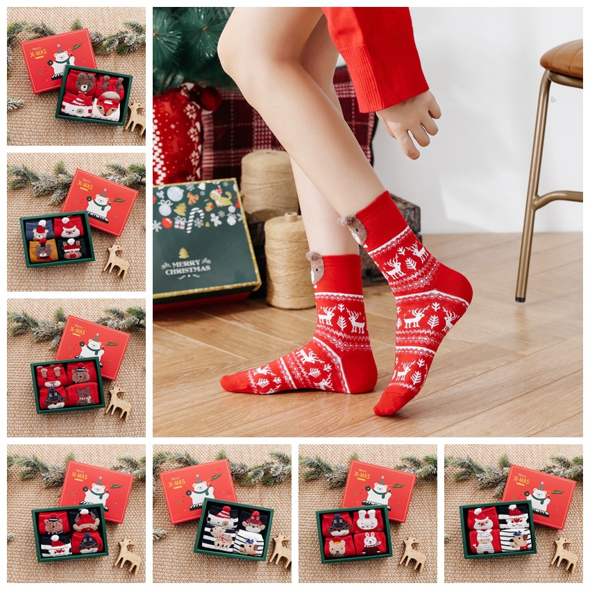 Autumn and Winter New Christmas Stockings New Year Socks Red Socks Four Pairs Gift Box Cartoon Animal All Cotton Mid-Calf Length Women's Socks