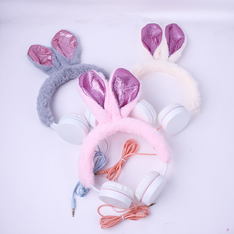 新款兔耳朵耳机学生礼品可爱造型毛绒头戴式线控手机音乐耳机