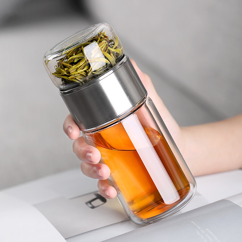 光一茶水分离杯双层隔热泡茶玻璃杯创意便携水杯批发百货礼品杯子