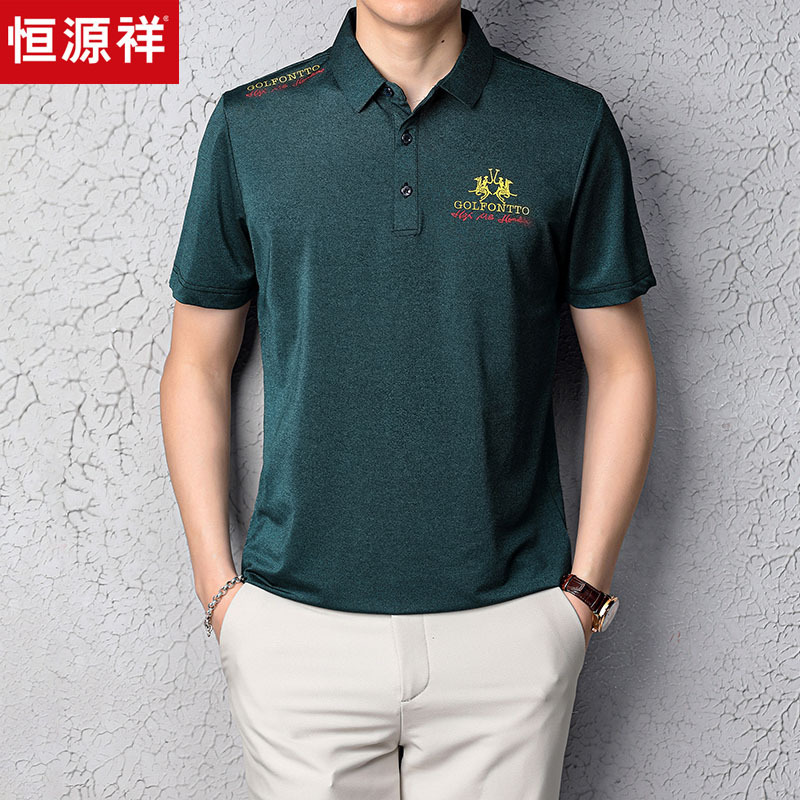 恒源祥正品男式装棉短袖t恤翻领半袖丝光纯色汗衫时尚潮男刺绣韩