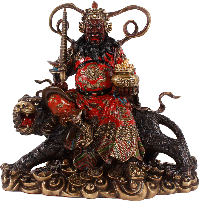 祥狮铜赵公明铜像摆件 铜彩绘骑虎武财神赵公明铜财神佛像摆件