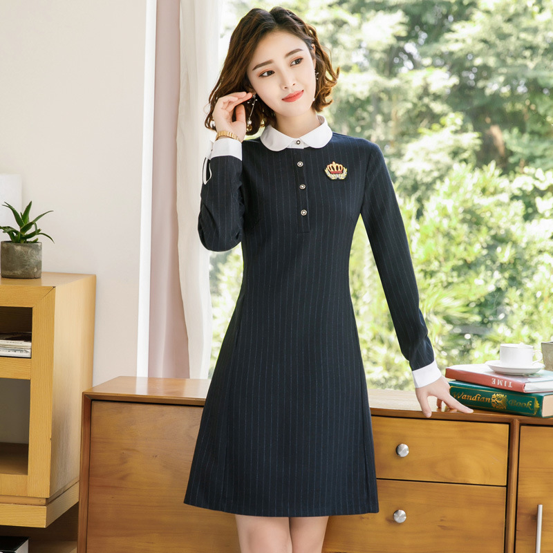 幼儿园老师工作服女教师服装幼师面试连衣裙条纹连体裙春夏季衣服