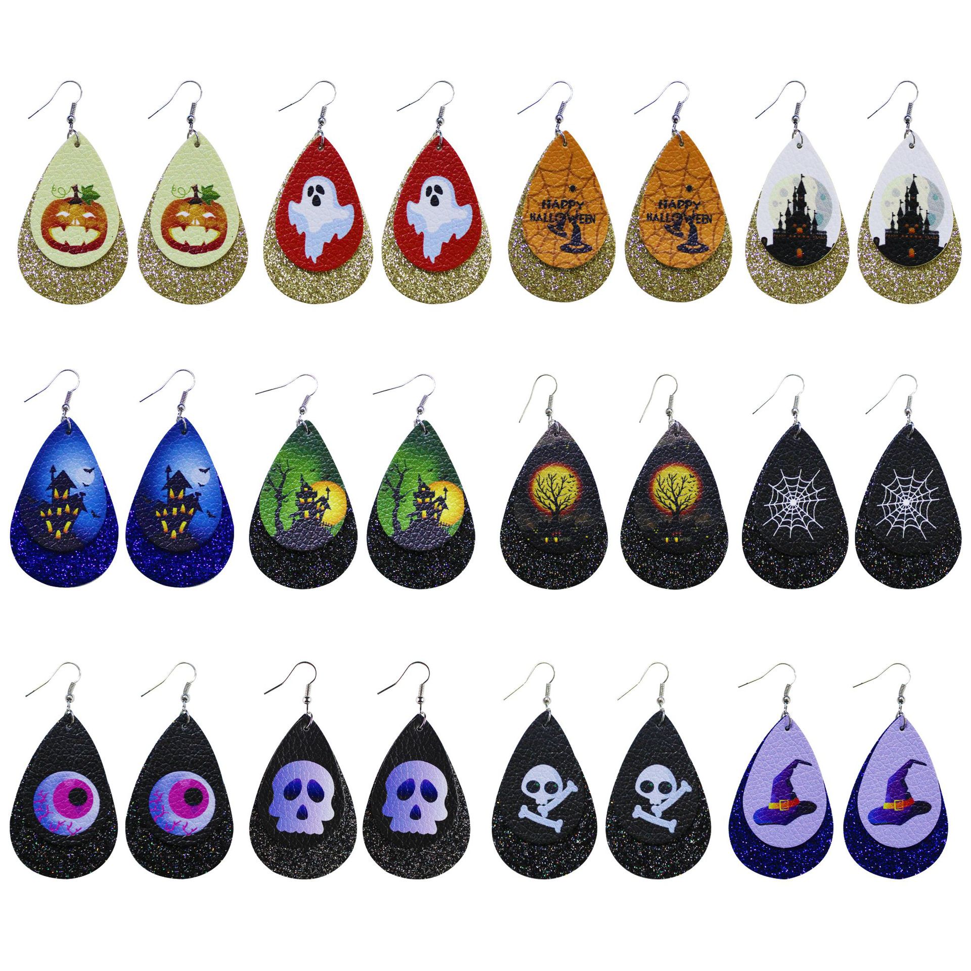 Halloween Leather Water Drop Earrings Fashion Simple Ghost Festival Earrings Personalized Skull Pumpkin Lamp Earrings Manufacturers Hot Sale