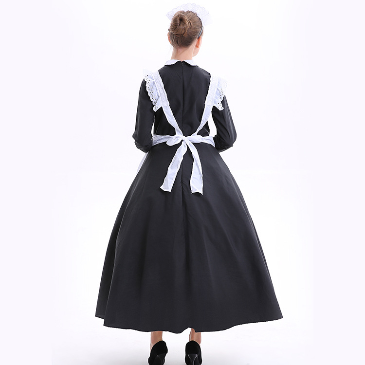 大码欧美长款咖啡厅女仆装珍珠线黑白女佣菲佣角色扮演万圣节服装