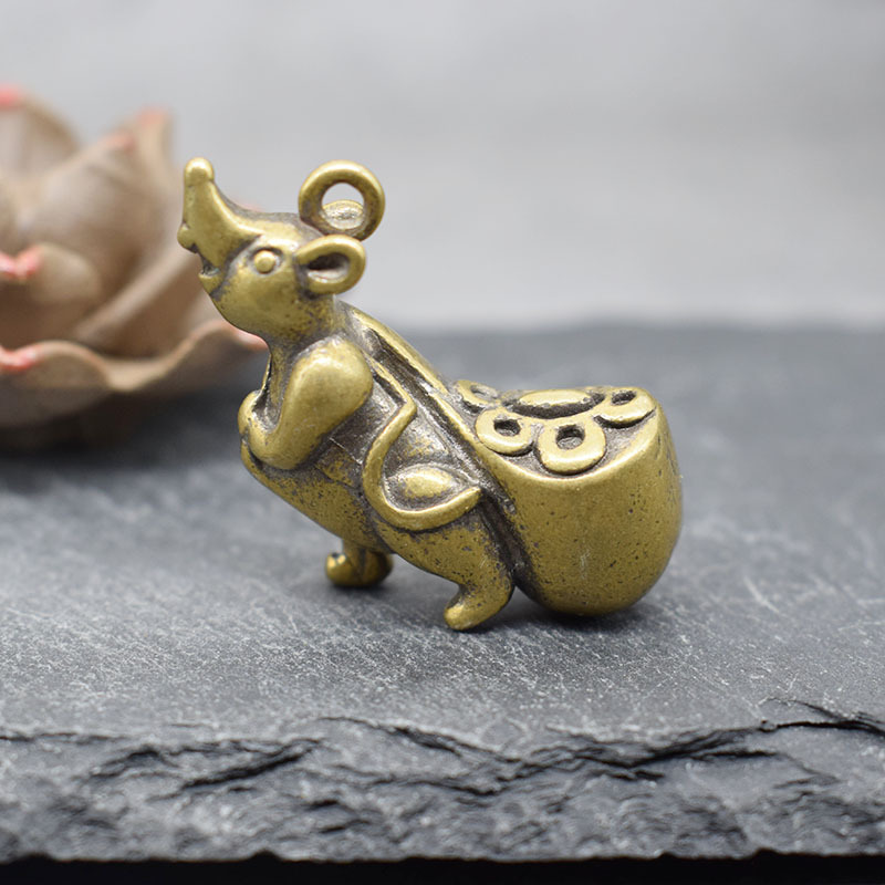 纯黄铜实心背钱袋小老鼠个性汽车钥匙扣挂件吉祥如意小铜器批发