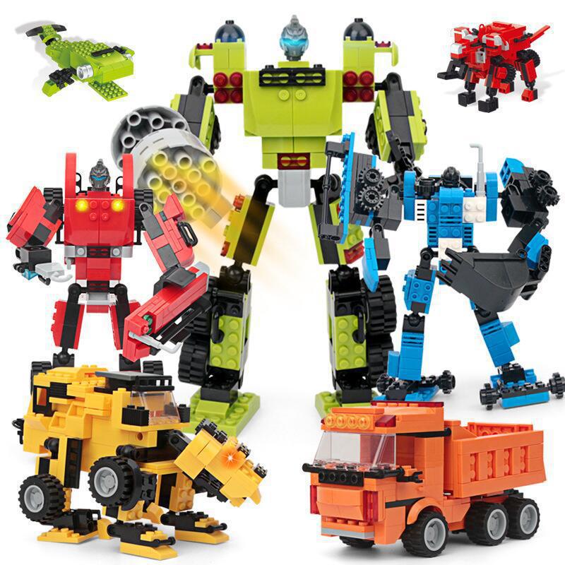 启智乐3010三变动物拼插工程车拼装变形机器人小颗粒积木玩具