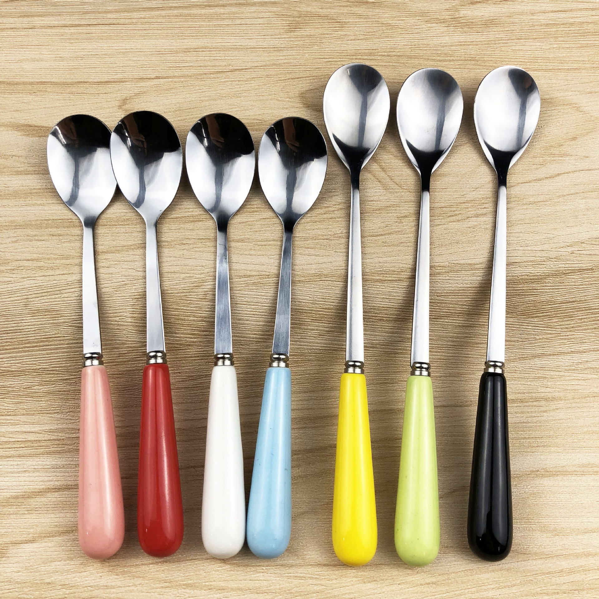 创意加厚不锈钢咖啡勺彩色手柄冰勺长冰搅拌可爱加长甜品奶茶勺子