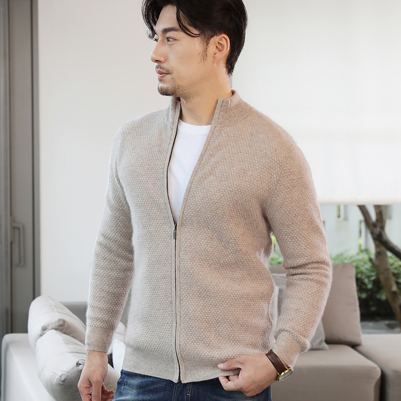 新款男士拉链半高领纯色羊毛衫宽松针织商务休闲开衫外套毛衣加厚