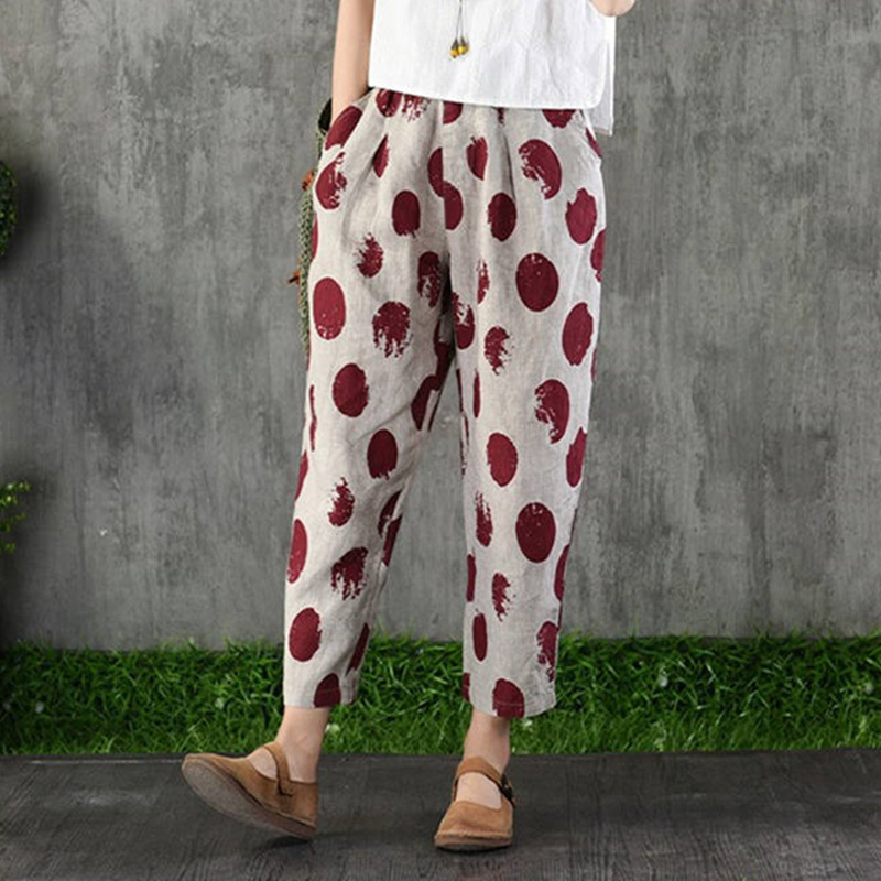 Cotton and Linen Mom Pants Artistic Harem Thin Breathable Retro Fashion Cropped Summer Loose Printed Summer Women's Pants Large Size