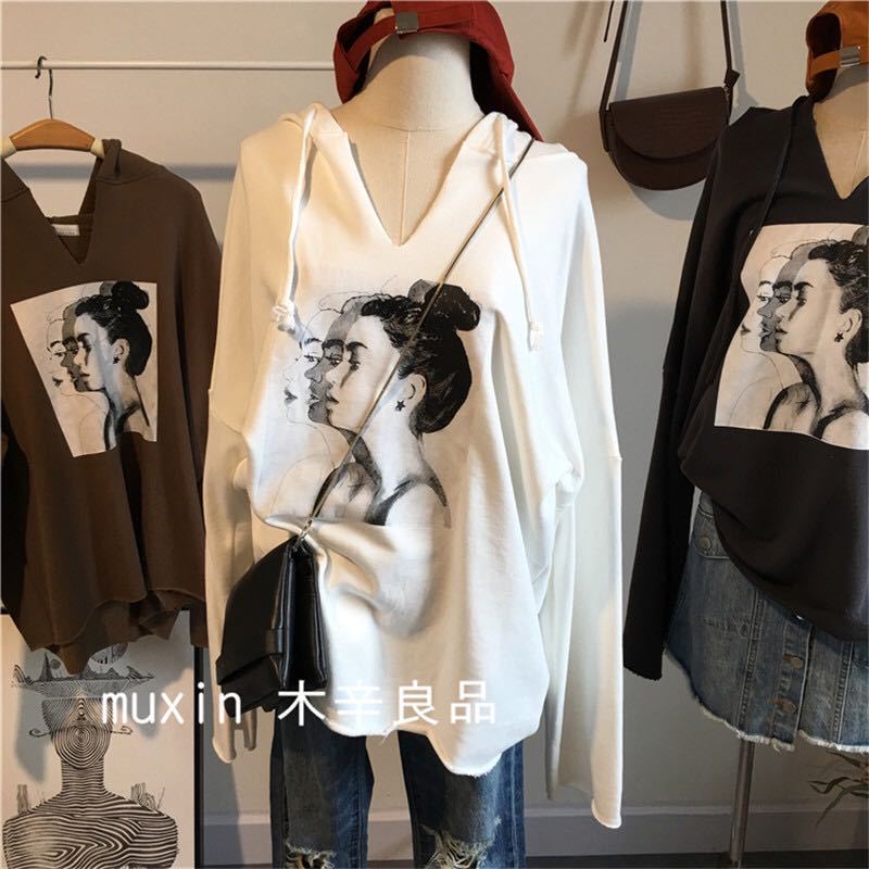 卫衣女春秋薄款新款v领欧美女头像宽松连帽衫中长款上衣外贸女装