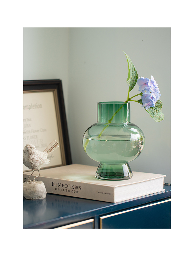 北欧创意几何立体绿色圆肚插花玻璃花瓶客厅餐桌居家装饰摆件
