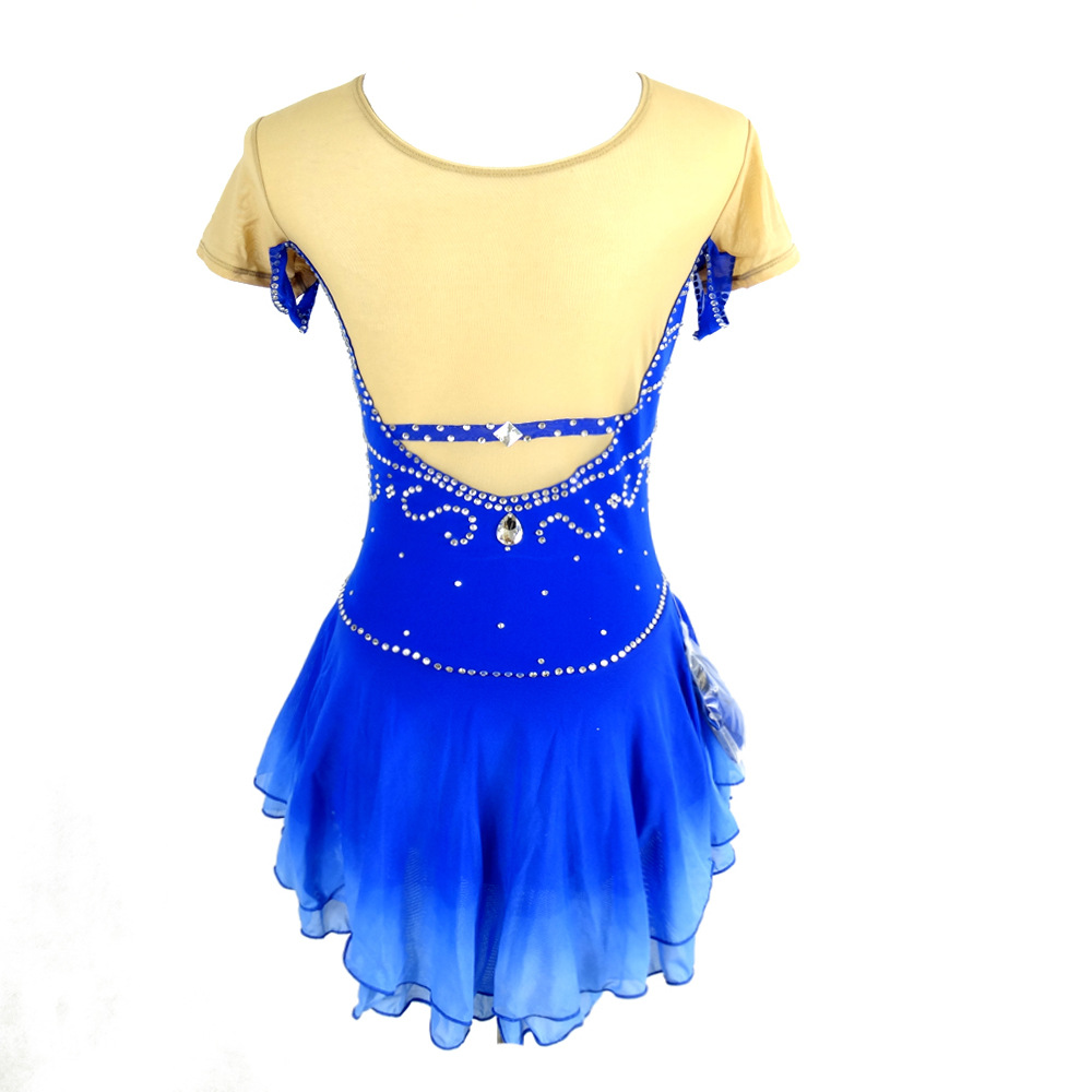 liuhuo花样滑冰溜冰裙钢管舞演出服短袖重工女士儿童溜冰裙蓝色