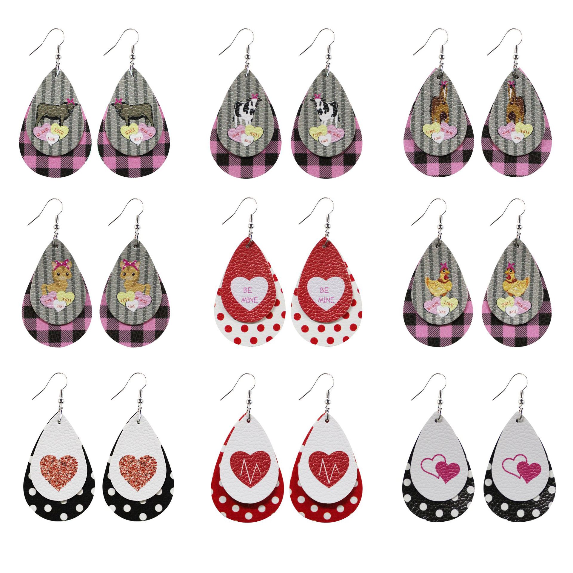 Valentine's Day Love Polka Dot Leather Double-Layer Earrings Water Drop Plaid Animal Print Cross-Border Amazon