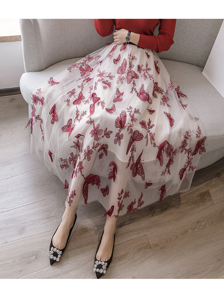 早秋重工蝴蝶黑色刺绣纱裙女高腰a字绣花网纱半身裙