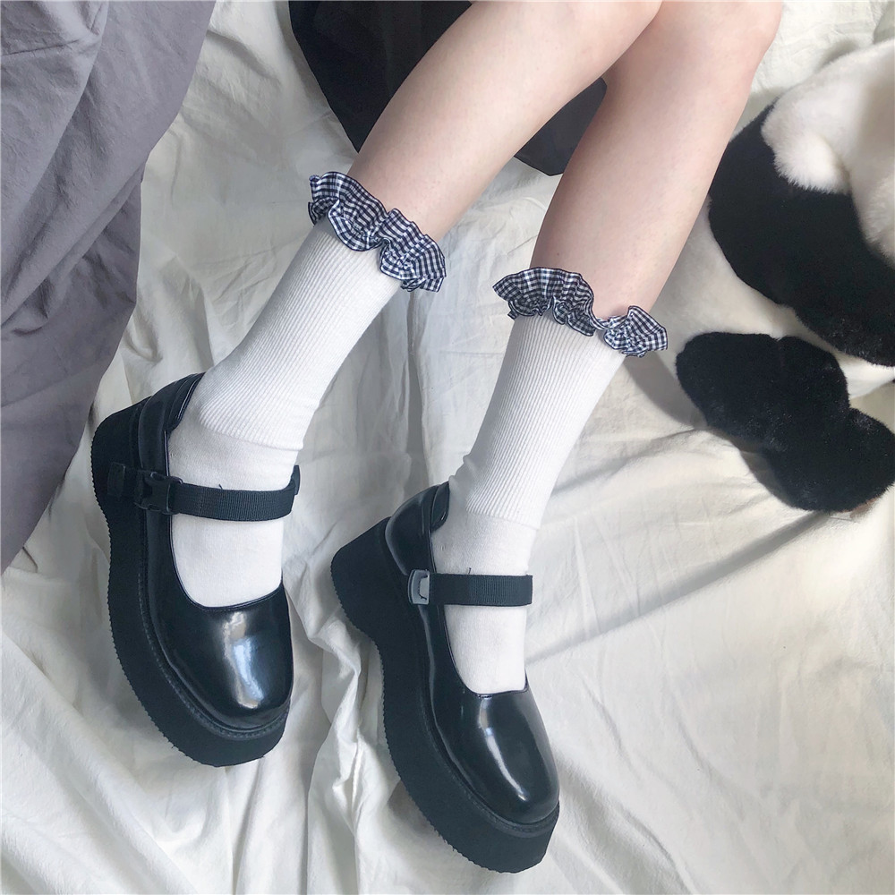 秋冬新品可爱复古格纹小花边堆堆袜jk软妹学院风全棉短袜小腿袜