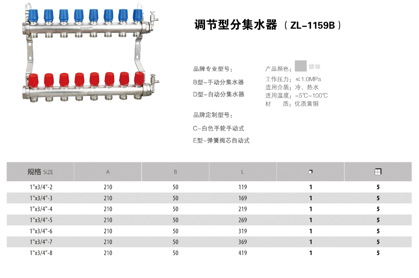 中良1159b新款地暖分水器家装采暖分集水器地暖集分水器水暖配件