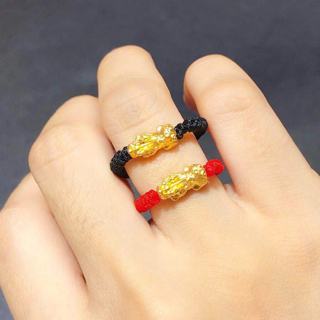 黄金转运珠貔貅戒指男女 3d硬金情侣貔恘纯足金999本命年红绳貔貅