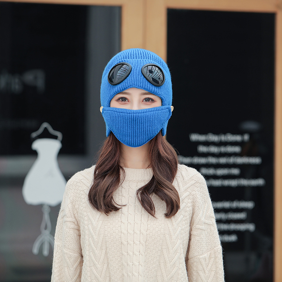儿童针织毛线帽眼镜帽冬季保暖亲子滑雪骑车防风飞行员护耳口罩帽