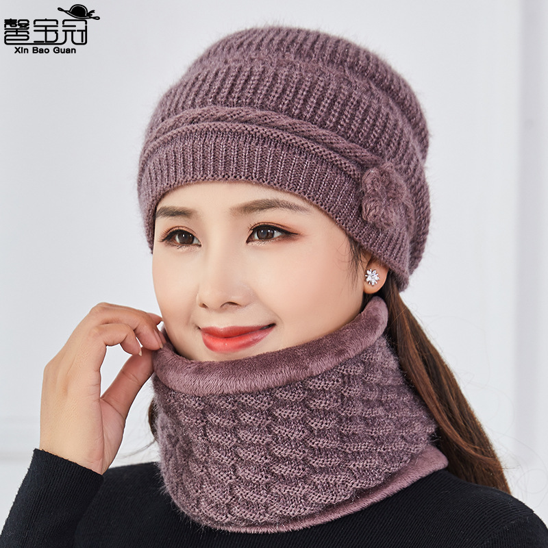 9819带围脖老太帽冬季针织帽中老年人毛线帽女士妈妈婆婆帽子批发