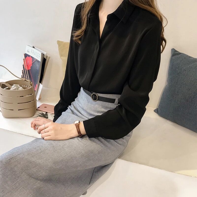 Autumn New Korean Style Temperament Pure Color Shirt Women's Long-Sleeved Shirt Simple Ol Chiffon Shirt Bottoms