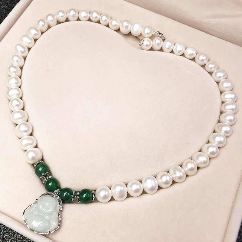 天然淡水珍珠项链 复古翡翠玉佛吊坠锁骨链 送女友妈妈三八节礼物