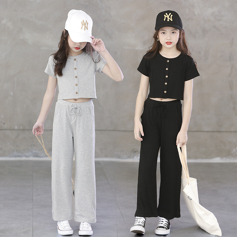女童夏季套装阔腿裤两件套2020新款洋气大童女孩短袖儿童休闲长裤