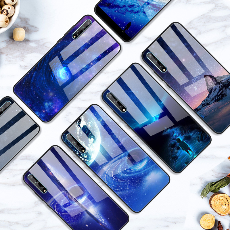 适用华为y8p 工彩绘玻璃壳玻璃彩绘简约手机壳硅胶套定制一件代发