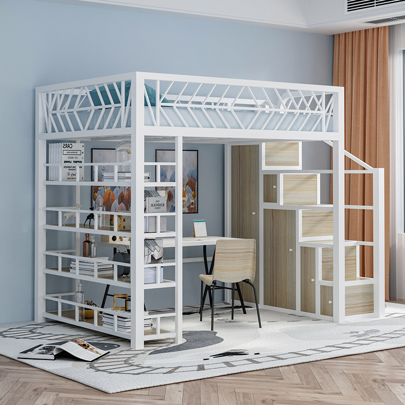 北欧简约铁艺高架床小户型阁楼式省空间公寓床轻奢卧室二楼铁架床