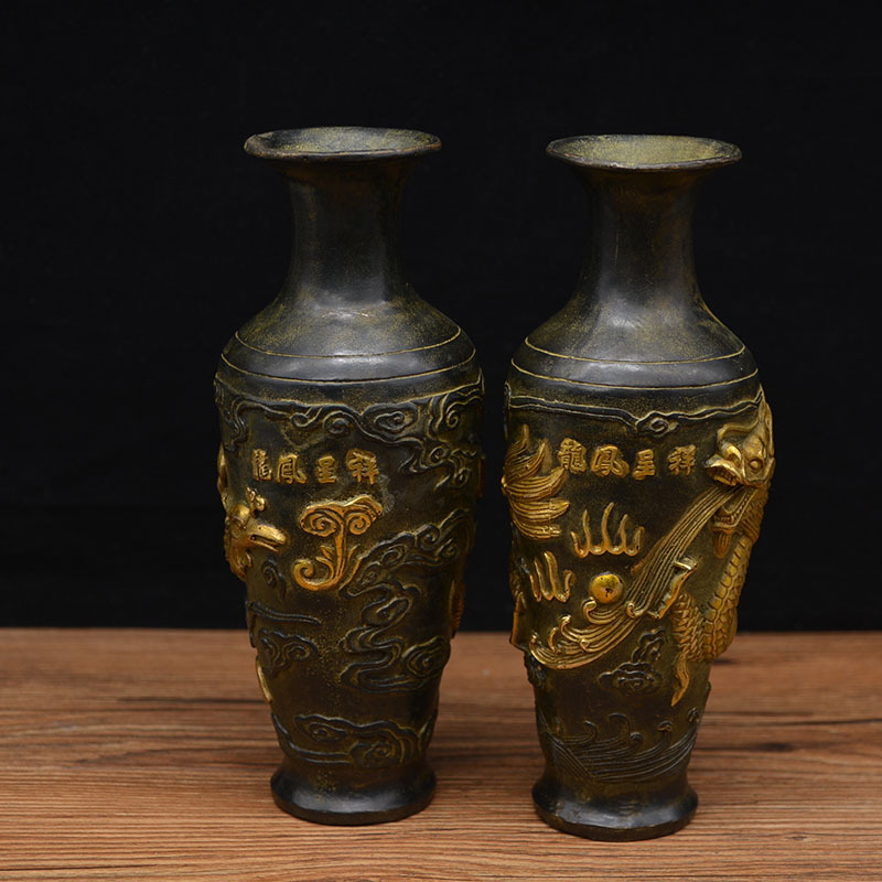 宏达 全铜仿古鎏金浮雕 龙凤呈祥 铜花瓶吉祥礼品摆件