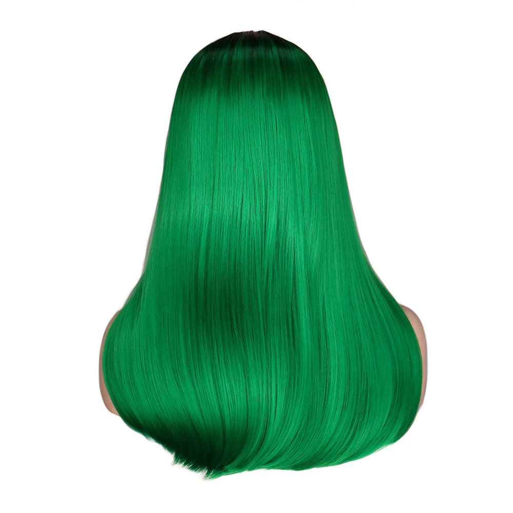 欧美假发中分短波波头中长发直发黑绿渐变色化纤假发头套