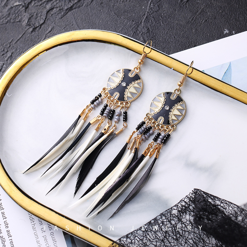 Creative round Boho Two-Tone Long Feather Earrings Bead Stud Earrings Tassel Earrings Female Accessories