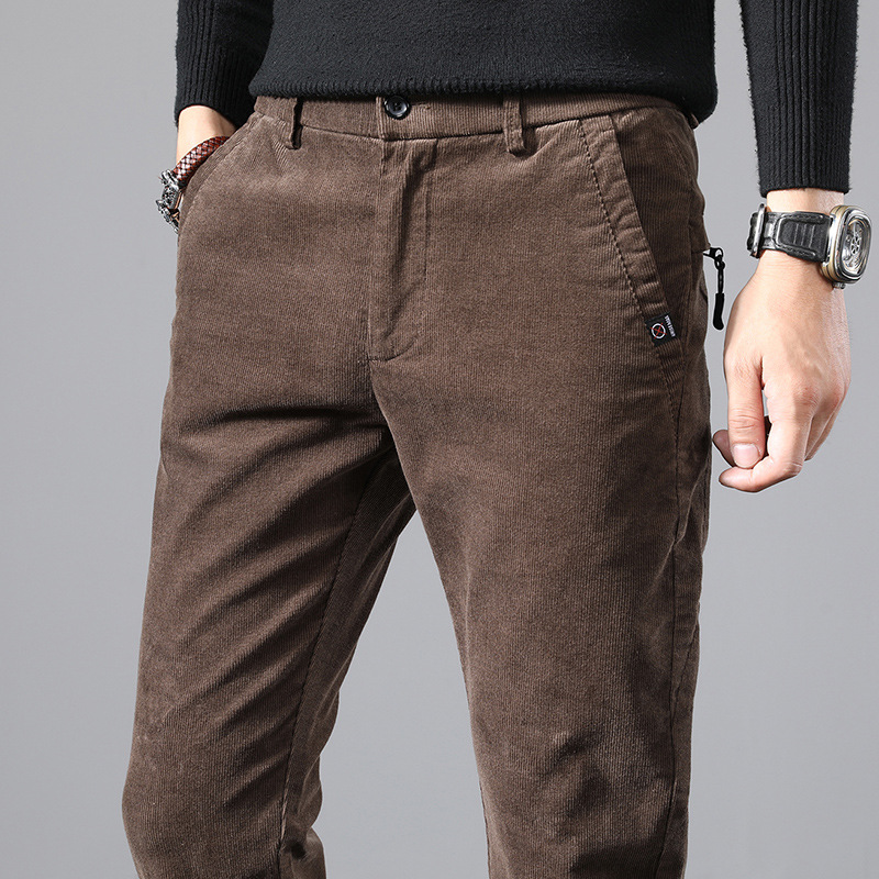 秋冬季细条绒灯芯绒男裤子男士休闲长裤修身小脚加绒加厚潮流百搭