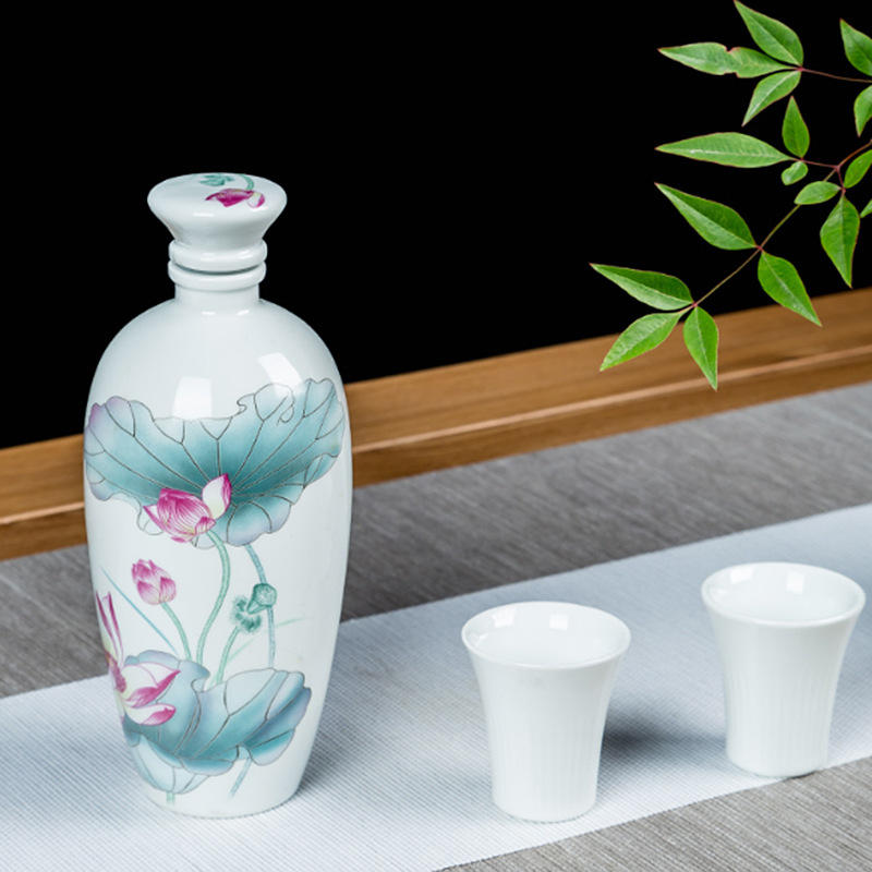 仿古景德镇陶瓷荷花酒瓶可定logo白酒壶一斤装家用装饰酒瓶摆件