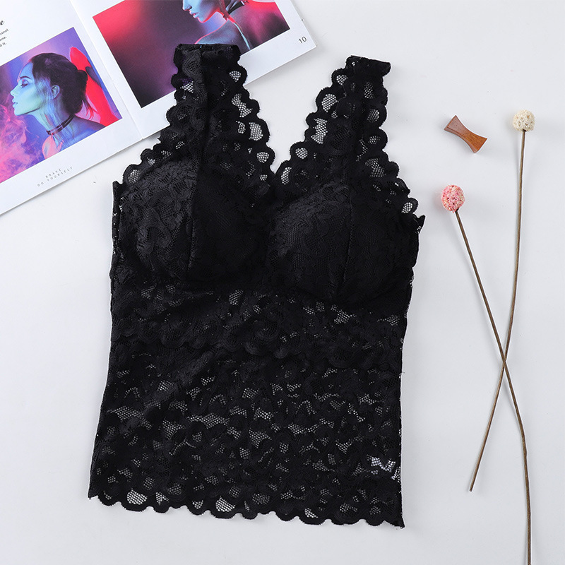 Lace Vest with Chest Pad Long Spaghetti Straps Chest Wrap Women's Slim Fit Summer Back Shaping Sexy Outerwear V-neck Inner Match Underwear